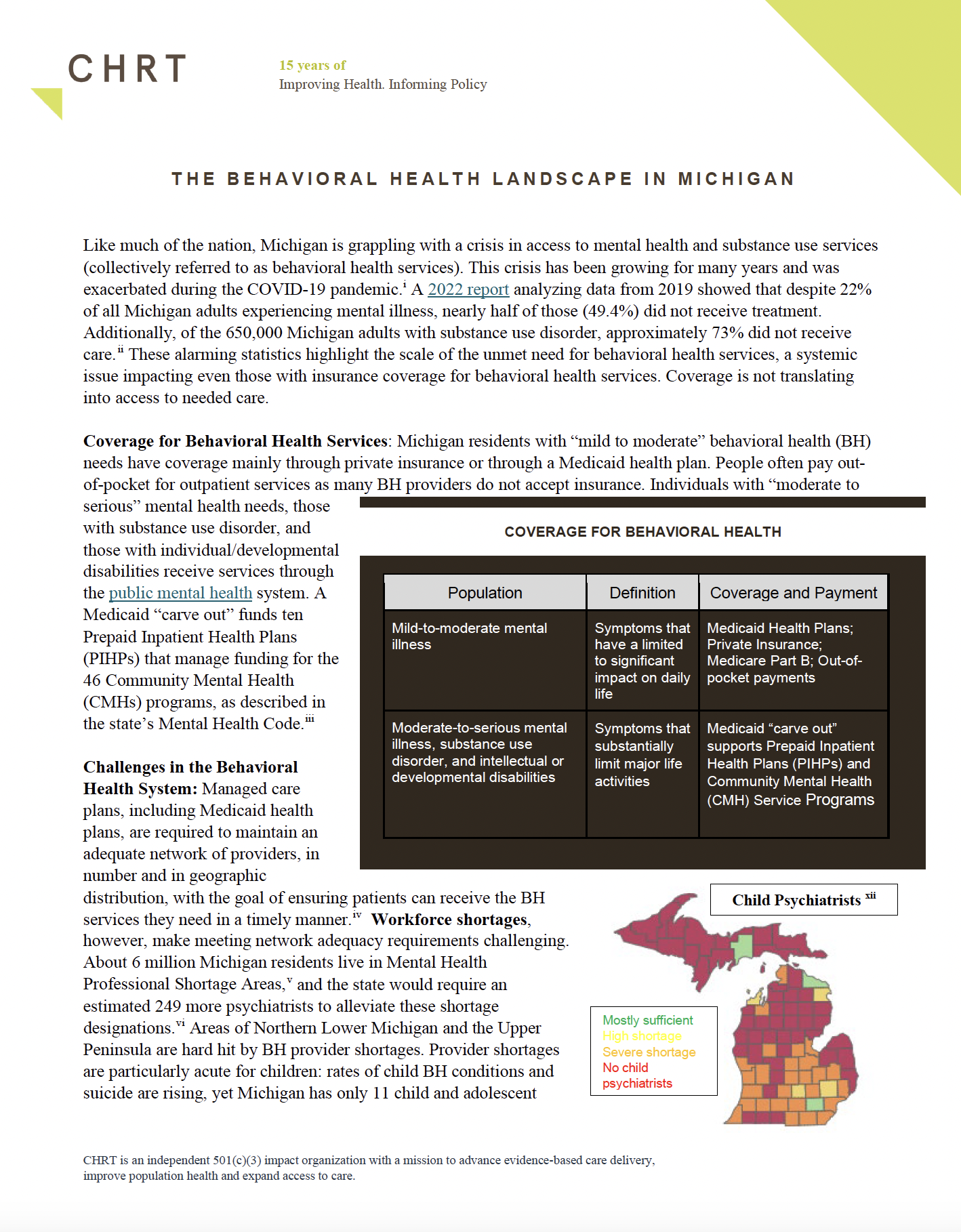 An infographic describing counties in Michigan that lack psychologist/psychiatrist services and/or substance use disorder facilities.